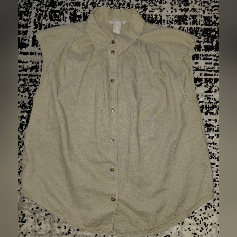 H&M Linen Blend Greige Sleeveless Button Down Shirt XS Coastal Grandma - Picture 7 of 13